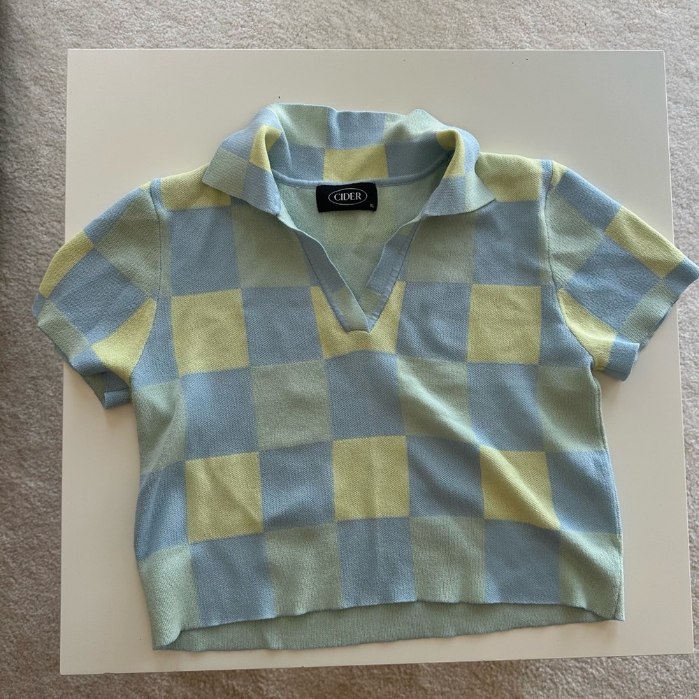 Blue/green cider check pattern collar cropped shirt